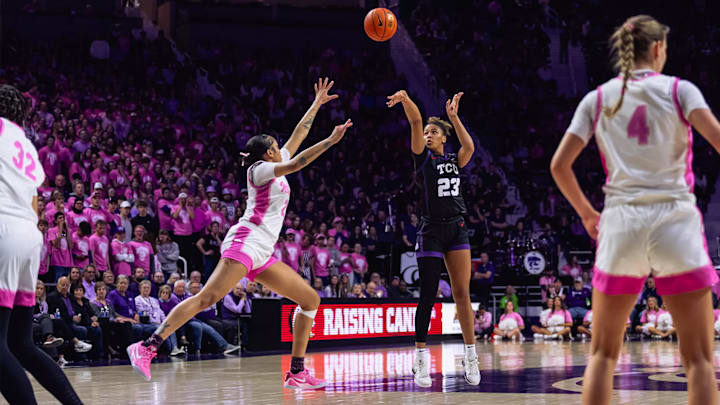 TCU's Aaliyah Roberson shoots a basket in the loss to Kansas State. Both teams suffered a loss last week which enabled TCU to narrowly stay in the top spot in the Week 15 Big 12 Women's Basketball Power Rankings
