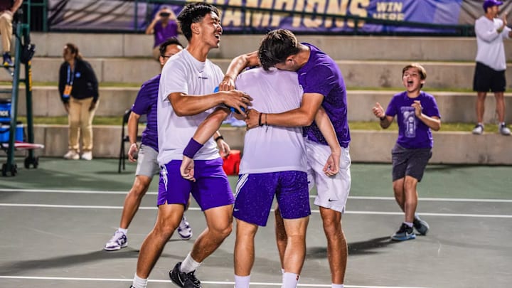 TCU Men's Tennis team celebrates after defeating Texas in the national semifinals on Saturday night. The team will defend their national title on Sunday when they take on Wake Forest. 