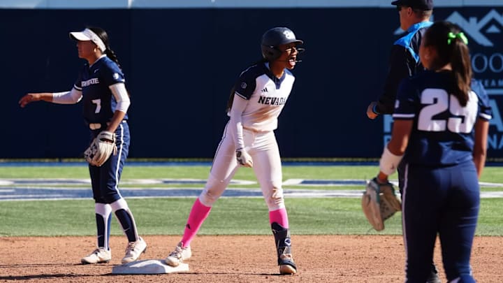 Nevada's Aaliyah Jenkins celebrates on second base after hitting a double.