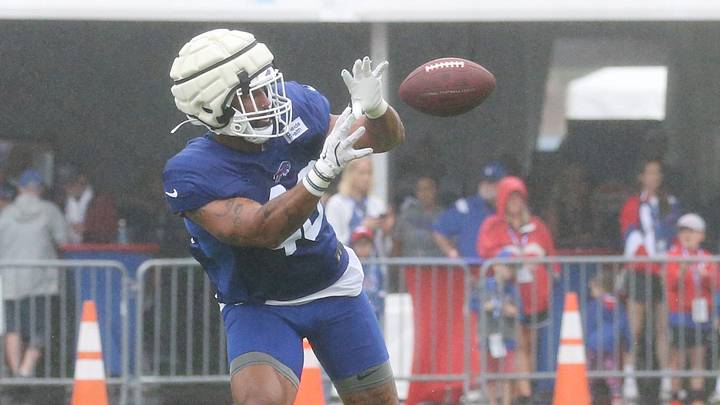 Bills fullback Jackson Acker pulls in a pass in the back of the end zone during day four of Buffalo Bills training camp at St. John Fisher University Monday, August 3, 2026 in Pittsford.