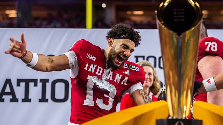 Indiana's Elijah Sarratt (13) celebrates after the College Football Playoff National Championship college football game at Hard Rock Stadium in Miami Gardens on Monday, Jan. 19, 2026. Indiana's Elijah Sarratt (13) celebrates after the College Football Playoff National Championship college football game at Hard Rock Stadium in Miami Gardens on Monday, Jan. 19, 2026.