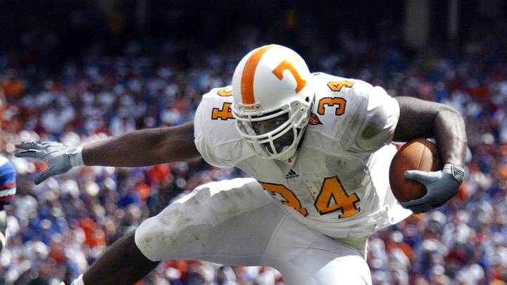 Tennessee running back Jabari Davis (34) leaps over Florida defender Keiwan Ratliff (1) on the way to the end zone for his second touchdown of the game on Sept. 20, 2003. Tennessee became the first team since Florida State in 1987 and 89 to win back-to-back games at The Swamp with a 24-10 victory. Tennessee running back Jabari Davis (34) leaps over Florida defender Keiwan Ratliff (1) on the way to the end zone for his second touchdown of the game on Sept. 20, 2003. Tennessee became the first team since Florida State in 1987 and 89 to win back-to-back games at The Swamp with a 24-10 victory.