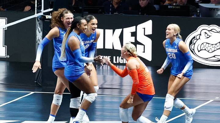 Aug 27, 2026; Arlington, TX, USA; Florida Gators players celebrate a point during their volleyball match against the Nebraska Cornhuskers at AT&T Stadium. Mandatory Credit: Chris Jones-Imagn Images Aug 27, 2026; Arlington, TX, USA; Florida Gators players celebrate a point during their volleyball match against the Nebraska Cornhuskers at AT&T Stadium. Mandatory Credit: Chris Jones-Imagn Images