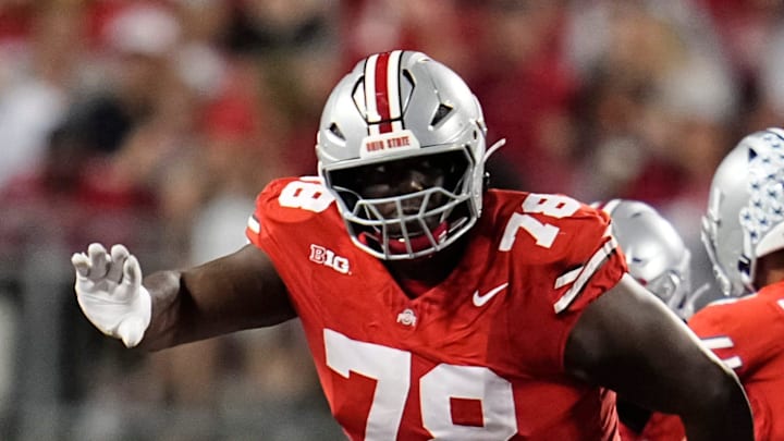 Ohio State Buckeyes offensive lineman Ethan Onianwa (78) blocks during the NCAA football game against the Minnesota Golden Gophers at Ohio Stadium in Columbus on Oct. 4, 2025.