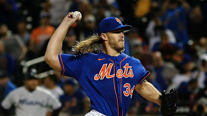 Sep 28, 2021; New York City, New York, USA; New York Mets starting pitcher Noah Syndergaard (34) delivers against the Miami Marlins during the first inning of game two of a doubleheader at Citi Field. Mandatory Credit: Andy Marlin-Imagn Images Sep 28, 2021; New York City, New York, USA; New York Mets starting pitcher Noah Syndergaard (34) delivers against the Miami Marlins during the first inning of game two of a doubleheader at Citi Field. Mandatory Credit: Andy Marlin-Imagn Images