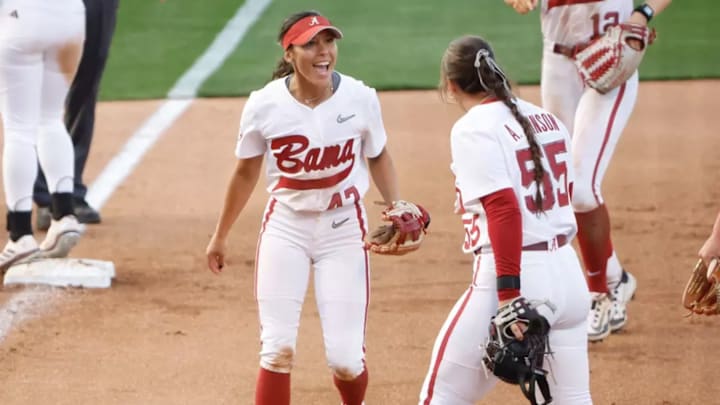 Alabama's Salen Hawkins (47) celebrates a big play against Mississippi State at Rhoads Stadium in Tuscaloosa on Friday, March 14, 2025. Alabama's Salen Hawkins (47) celebrates a big play against Mississippi State at Rhoads Stadium in Tuscaloosa on Friday, March 14, 2025.