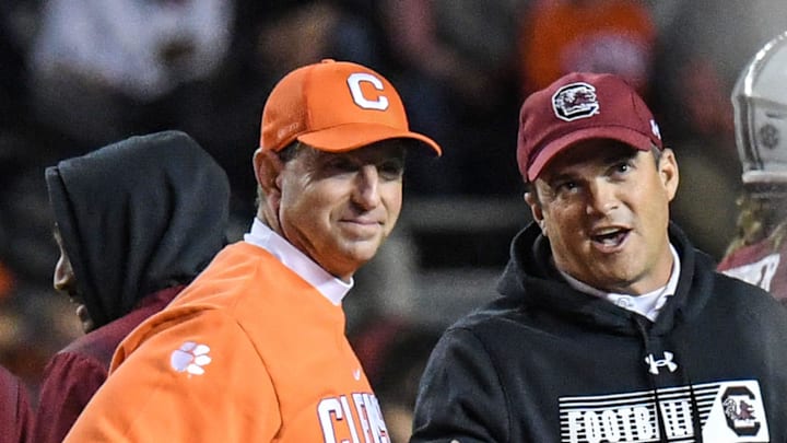 South Carolina football coach Shane Beamer with Clemson Tigers head coach Dabo Swinney