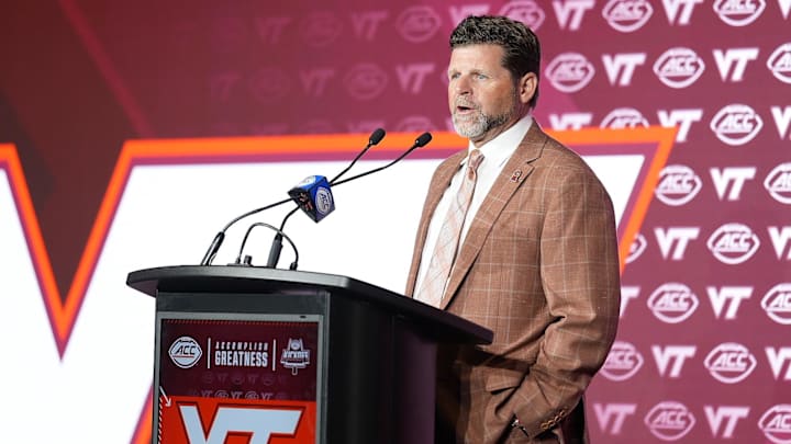 Jul 24, 2025; Virginia Tech head coach Brent Pry answers questions from the media during ACC Media Days in Charlotte, NC. Jul 24, 2025; Virginia Tech head coach Brent Pry answers questions from the media during ACC Media Days in Charlotte, NC.