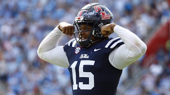 Oct 26, 2024; Oxford, Mississippi, USA; Mississippi Rebels defensive linemen Jared Ivey (15) reacts during the second half against the Oklahoma Sooners at Vaught-Hemingway Stadium | 