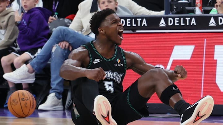 Nov 10, 2025; Salt Lake City, Utah, USA; Minnesota Timberwolves guard Anthony Edwards (5) reacts to a play against the Utah Jazz during the second half at Delta Center. Mandatory Credit: Rob Gray-Imagn Images