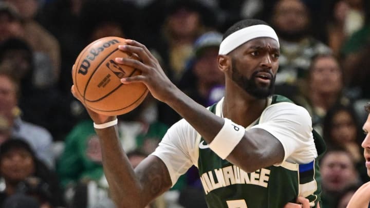 Apr 21, 2024; Milwaukee, Wisconsin, USA; Milwaukee Bucks forward Bobby Portis (9) looks for a shot against Indiana Pacers forward Doug McDermott (20) in the second quarter during game one of the first round for the 2024 NBA playoffs at Fiserv Forum. Mandatory Credit: Benny Sieu-USA TODAY Sports