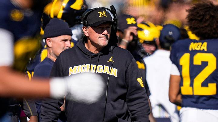 Michigan head coach Kyle Whittingham watches a play against Indiana from the sideline during the first half at Michigan Stadium in Ann Arbor on Saturday, Oct. 24, 2026.