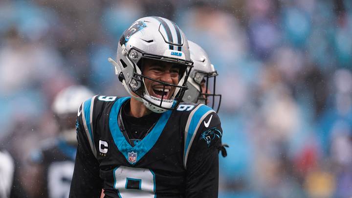 Nov 30, 2025; Charlotte, North Carolina, USA; Carolina Panthers quarterback Bryce Young (9) celebrates after a touchdown during the third quarter against the Los Angeles Rams at Bank of America Stadium. Nov 30, 2025; Charlotte, North Carolina, USA; Carolina Panthers quarterback Bryce Young (9) celebrates after a touchdown during the third quarter against the Los Angeles Rams at Bank of America Stadium.