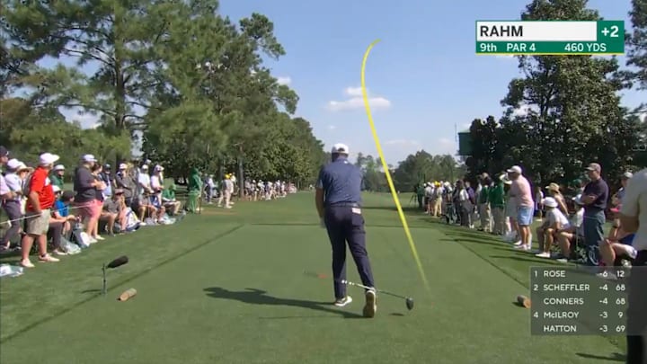 Jon Rahm shanks his tee shot at the 9th hole during the first round of the 2025 Masters tournament. 