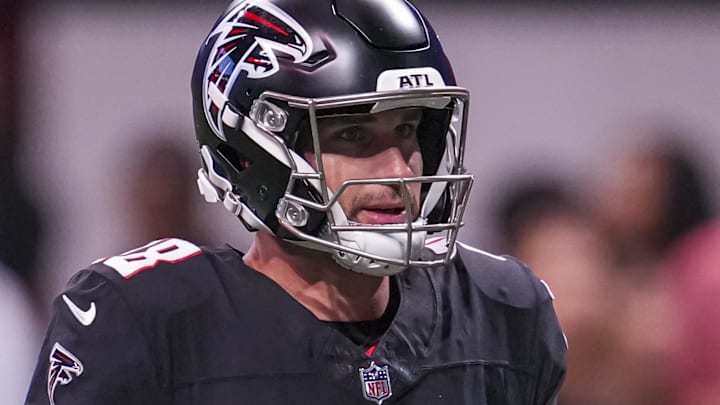 Aug 23, 2024; Atlanta, Georgia, USA; Atlanta Falcons quarterback Kirk Cousins (18) warms up on the field before the game against the Jacksonville Jaguars at Mercedes-Benz Stadium. Mandatory Credit: Dale Zanine-USA TODAY Sports