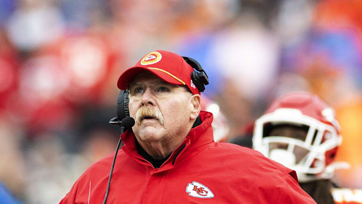 Dec 15, 2024; Cleveland, Ohio, USA; Kansas City Chiefs head coach Andy Reid watches the video board for a replay against the Cleveland Browns during the third quarter at Huntington Bank Field. Mandatory Credit: Scott Galvin-Imagn Images
