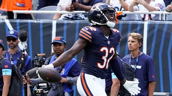 Aug 17, 2024; Chicago, Illinois, USA; Chicago Bears cornerback Terell Smith (32) intercepts a pass against the Cincinnati Bengals during the second half at Soldier Field. Mandatory Credit: David Banks-USA TODAY Sports