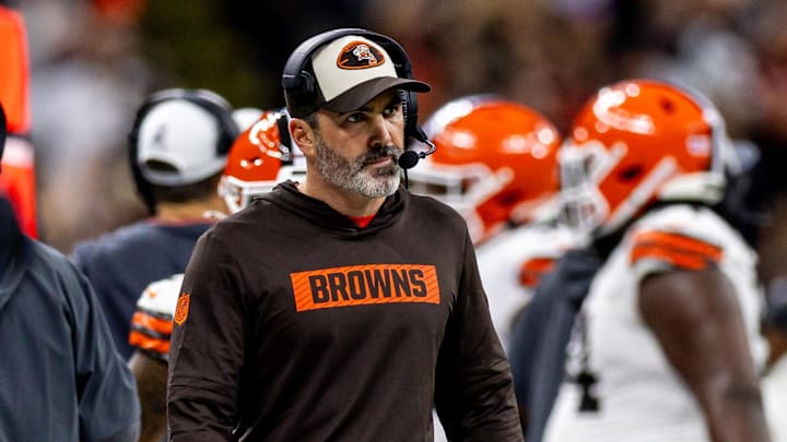 Nov 17, 2024; New Orleans, Louisiana, USA;  Cleveland Browns head coach Kevin Stefanski looks on against the New Orleans Saints during the first half at Caesars Superdome. Mandatory Credit: Stephen Lew-Imagn Images
