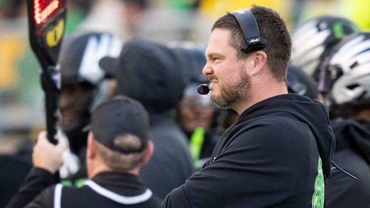 Oregon head coach Dan Lanning looks on as the Oregon Ducks host the Wisconsin Badgers on Oct. 25, 2025, at Autzen Stadium in Eugene, Oregon.