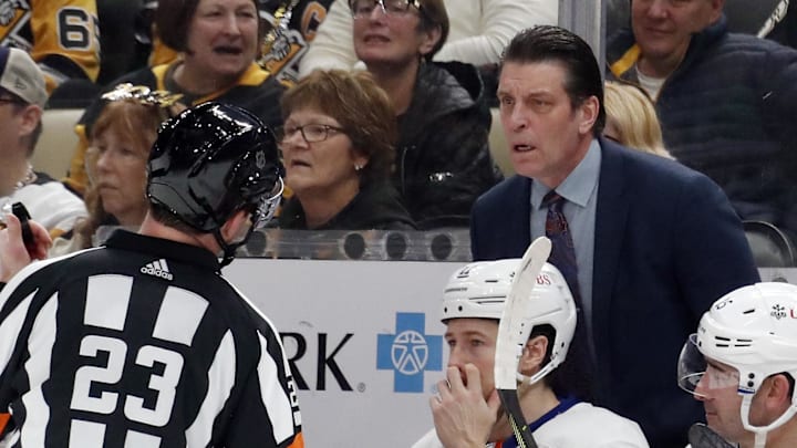 Dec 31, 2023; Pittsburgh, Pennsylvania, USA; New York Islanders head coach Lane Lambert (right) Dec 31, 2023; Pittsburgh, Pennsylvania, USA; New York Islanders head coach Lane Lambert (right)