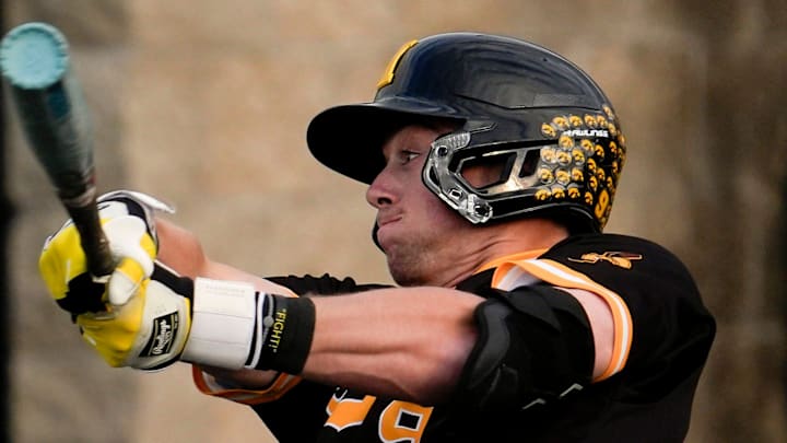 Iowa infielder Kooper Schulte (9) bats against Bradley April 16, 2025 at Duane Banks Field in Iowa City, Iowa.