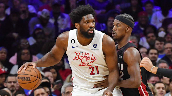 Apr 6, 2023; Philadelphia, Pennsylvania, USA; Philadelphia 76ers center Joel Embiid (21) is defended