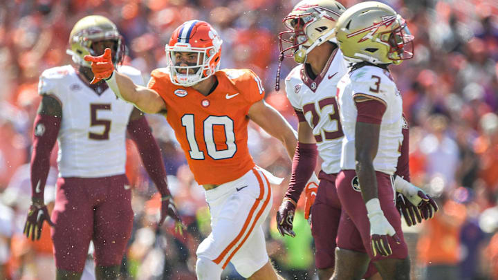 Sep 23, 2023; Clemson, South Carolina, USA; Clemson Tigers wide receiver Troy Stellato (10) reacts