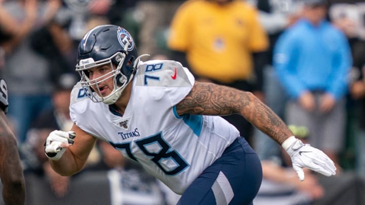 December 8, 2019; Oakland, CA, USA; Tennessee Titans offensive tackle Jack Conklin (78) during the first quarter against the Oakland Raiders at Oakland Coliseum. Mandatory Credit: Kyle Terada-Imagn Images