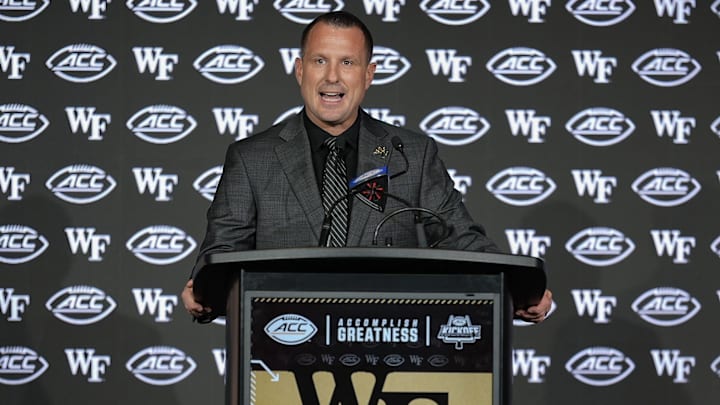 Jul 23, 2025; Charlotte, NC, USA; Wake Forest Head Coach Jake Dickert answers questions from the media during ACC Media days at Hilton Charlotte Uptown. Mandatory Credit: Jim Dedmon-Imagn Images