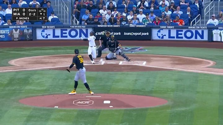 Pittsburgh Pirates ace Paul Skenes strikes out Miami Marlins leadoff hitter Xavier Edwards.