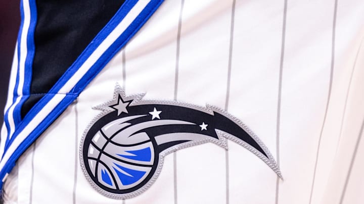 Apr 3, 2024; New Orleans, Louisiana, USA;  Detailed view of the Orlando Magic logo against the New Orleans Pelicans during the second half at Smoothie King Center. Mandatory Credit: Stephen Lew-Imagn Images