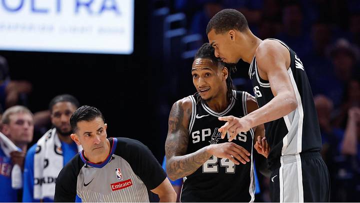 May 18, 2026; Oklahoma City, Oklahoma, USA; San Antonio Spurs guard Devin Vassell (24) and center Victor Wembanyama (1) exchange words in the third quarter against the Oklahoma City Thunder during Game 1 of the Western Conference Finals for the 2026 NBA Playoffs at Paycom Center. May 18, 2026; Oklahoma City, Oklahoma, USA; San Antonio Spurs guard Devin Vassell (24) and center Victor Wembanyama (1) exchange words in the third quarter against the Oklahoma City Thunder during Game 1 of the Western Conference Finals for the 2026 NBA Playoffs at Paycom Center.