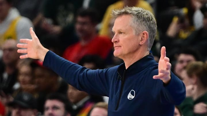Feb 10, 2025; Milwaukee, Wisconsin, USA; Golden State Warriors head coach Steve Kerr reacts in the third quarter against the Milwaukee Bucks at Fiserv Forum. Mandatory Credit: Benny Sieu-Imagn Images Feb 10, 2025; Milwaukee, Wisconsin, USA; Golden State Warriors head coach Steve Kerr reacts in the third quarter against the Milwaukee Bucks at Fiserv Forum. Mandatory Credit: Benny Sieu-Imagn Images
