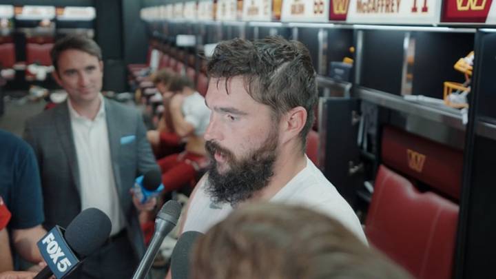 Washington Commanders center Lucas Patrick speaks with reporters in the team’s locker room. Washington Commanders center Lucas Patrick speaks with reporters in the team’s locker room.