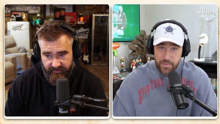 Jason Kelce and Travis Kelce during an episode of "New Heights." Jason Kelce and Travis Kelce during an episode of "New Heights."