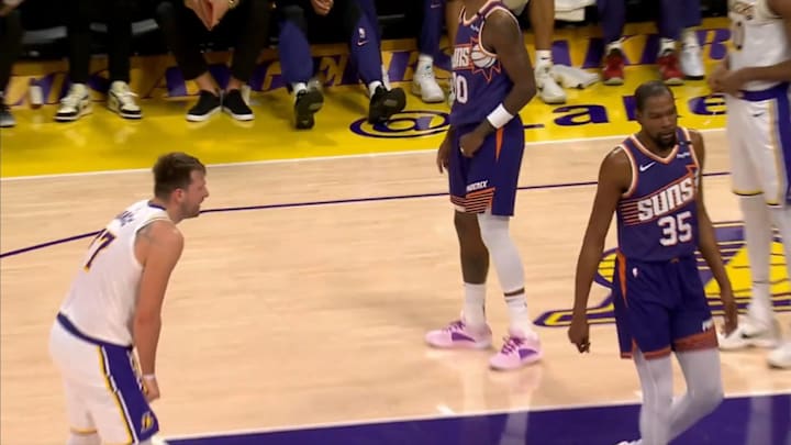 Luka Doncic and Kevin Durant talk trash as the Los Angeles Lakers play the Phoenix Suns. Luka Doncic and Kevin Durant talk trash as the Los Angeles Lakers play the Phoenix Suns.