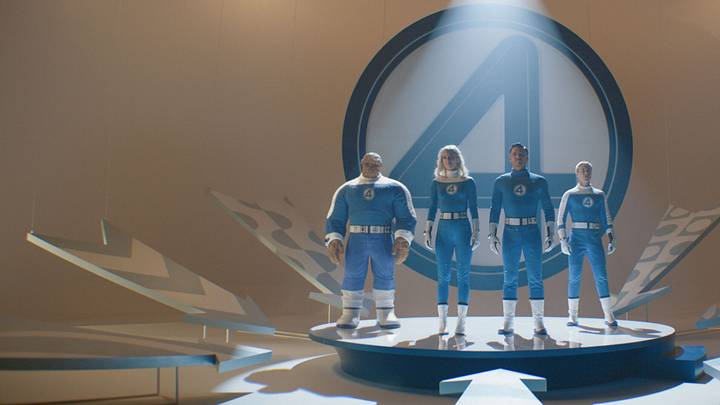 (L-R): Ebon Moss-Bachrach as Ben Grimm/The Thing, Vanessa Kirby as Sue Storm/Invisible Woman, Pedro Pascal as Reed Richards/Mister Fantastic and Joseph Quinn as Johnny Storm/Human Torch in 20th Century Studios/Marvel Studios’ THE FANTASTIC FOUR: FIRST STEPS. Photo courtesy of 20th Century Studios/Marvel Studios. © 2025 20th Century Studios / © and ™ 2025 MARVEL.