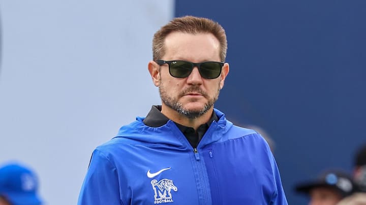 Oct 25, 2025; Memphis, Tennessee, USA; Memphis Tigers Head Coach Ryan Silverfield looks on before the game against the South Florida Bulls at Simmons Bank Liberty Stadium. Mandatory Credit: Wesley Hale-Imagn Images