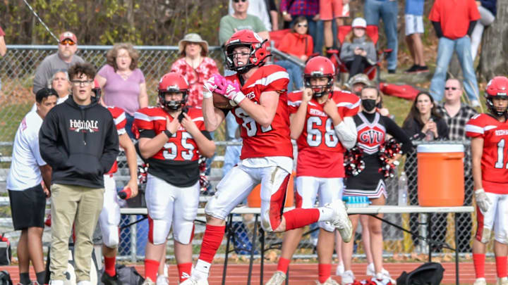 CVU's Alex Provost makes a nice catch along the sideline during the Redhawks' D1 football semifinal vs the Essex Hornets on Saturday afternoon in Hinesburg

D1 Football Semifinal Essex At Cvu 05nov22 9010
