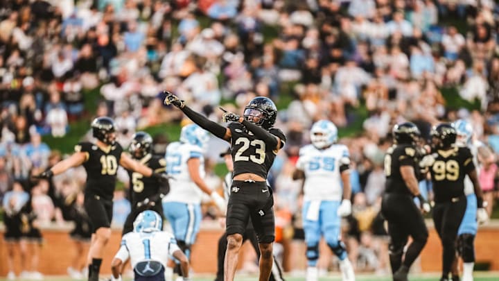 Nov 15, 2025; Winston-Salem, North Carolina, USA; Wake Forest Demon Deacons cornerback Braylon Johnson (23) reacts after a play against the North Carolina Tar Heels at Allegacy Federal Credit Union Stadium. Mandatory Credit: Wake Forest Athletics via Imagn Images