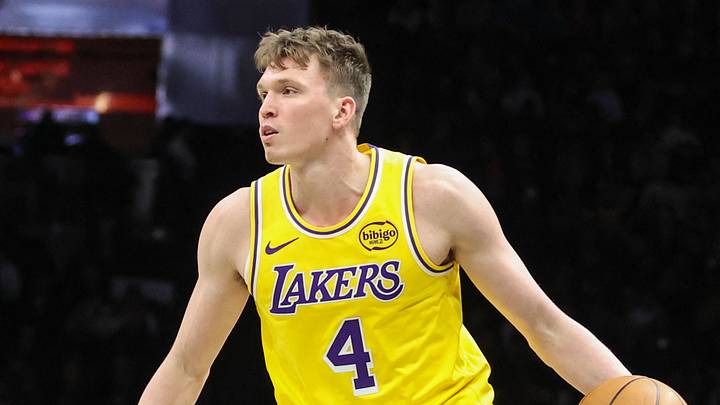 Los Angeles Lakers forward Dalton Knecht (4) looks to drive to the basket in the fourth quarter against the Brooklyn Nets at Barclays Center on Feb. 3, 2026.