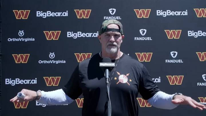 Washington Commanders head coach Dan Quinn talks to members of the press before mandatory minicamp. Washington Commanders head coach Dan Quinn talks to members of the press before mandatory minicamp.
