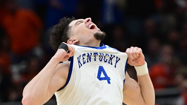 Mar 23, 2025; Milwaukee, WI, USA;  Kentucky Wildcats guard Koby Brea (4) reacts after defeating the Illinois Fighting Illini in the second round of the NCAA Tournament at Fiserv Forum. Mandatory Credit: Benny Sieu-Imagn Images