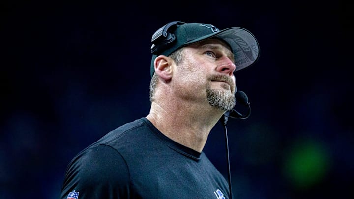 Detroit Lions head coach Dan Campbell looks up at the scoreboard after a play against the Minnesota Vikings at Ford Field in Detroit.