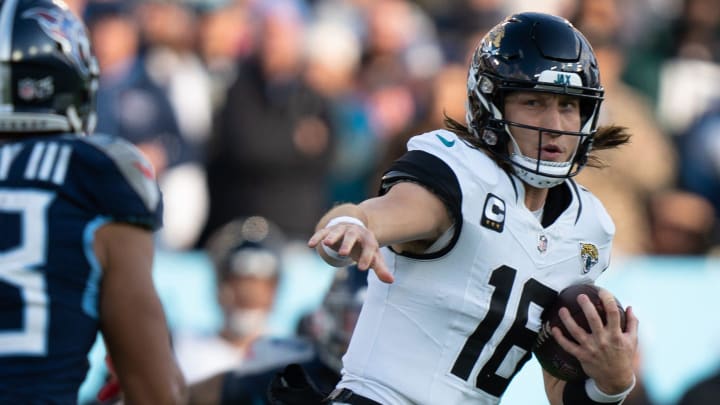 Jacksonville Jaguars quarterback Trevor Lawrence (16) is sacked by Tennessee Titans safety Terrell Edmunds (38) in the third quarter during their game at Nissan Stadium in Nashville, Tenn., Sunday, Jan. 7, 2024. Jacksonville Jaguars quarterback Trevor Lawrence (16) is sacked by Tennessee Titans safety Terrell Edmunds (38) in the third quarter during their game at Nissan Stadium in Nashville, Tenn., Sunday, Jan. 7, 2024.