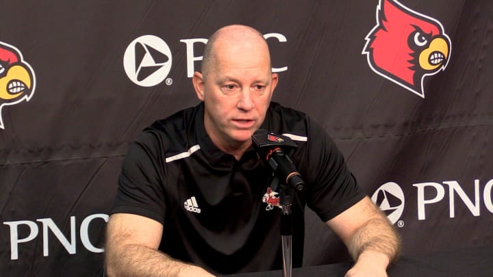 University of Louisville head football coach Jeff Brohm speaks to the media