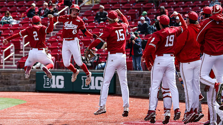 Caleb Koskie (43) celebrates after hitting a grand slam for his first college hit on Monday, April 7. Indiana beat Michigan State 18-2. Caleb Koskie (43) celebrates after hitting a grand slam for his first college hit on Monday, April 7. Indiana beat Michigan State 18-2.