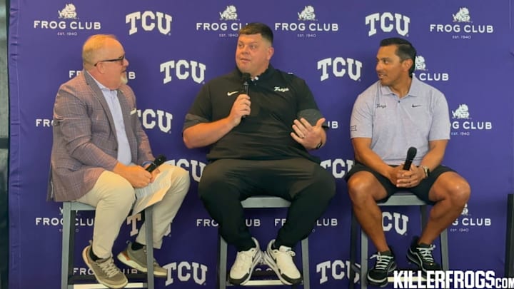Brian Estridge, Gordon Sammis (OC), and Andy Avalos (DC) participate in a Frog Club event, discussing the upcoming season and key storylines surrounding the Horned Frogs.