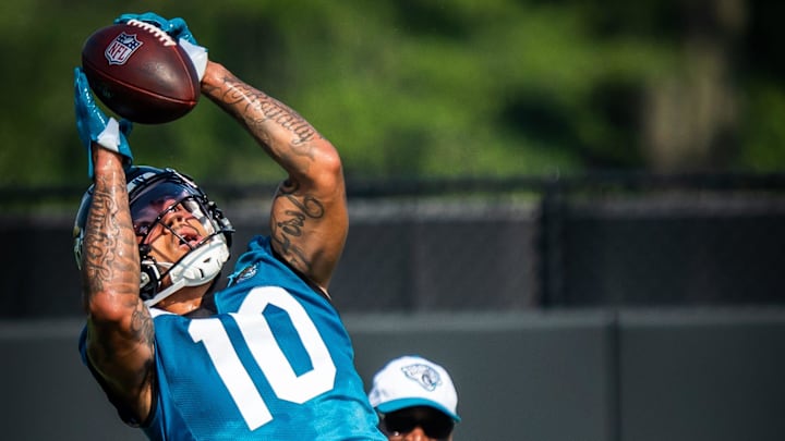 Jacksonville Jaguars wide receiver Eli Pancol (10) hauls in a pass while running routes during the seventh organized team activity at the Miller Electric Center in Jacksonville, Fla. Monday, June 2, 2025. [Doug Engle/Florida Times-Union]