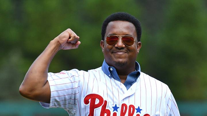 Aug 4, 2019; Philadelphia, PA, USA; Former Philadelphia Phillies pitcher Pedro Martinez reacts after throwing out the first pitch during ceremony honoring the 20009 Phillies team before game against the Chicago White Sox at Citizens Bank Park. Mandatory Credit: Eric Hartline-USA TODAY Sports